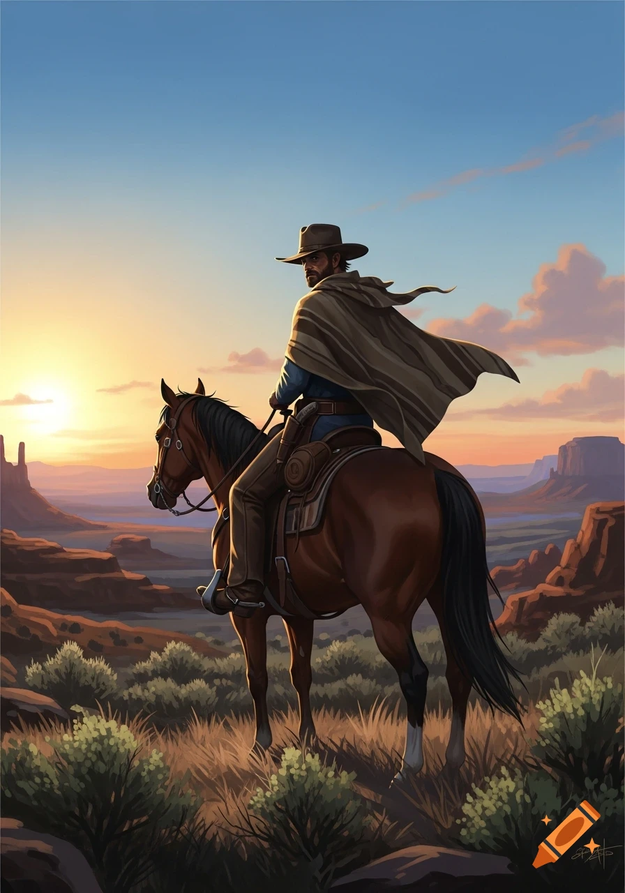 Illustrative depiction of a cowboy on horseback, looking over a vast desert landscape with buttes and mesas, under a sunset sky.