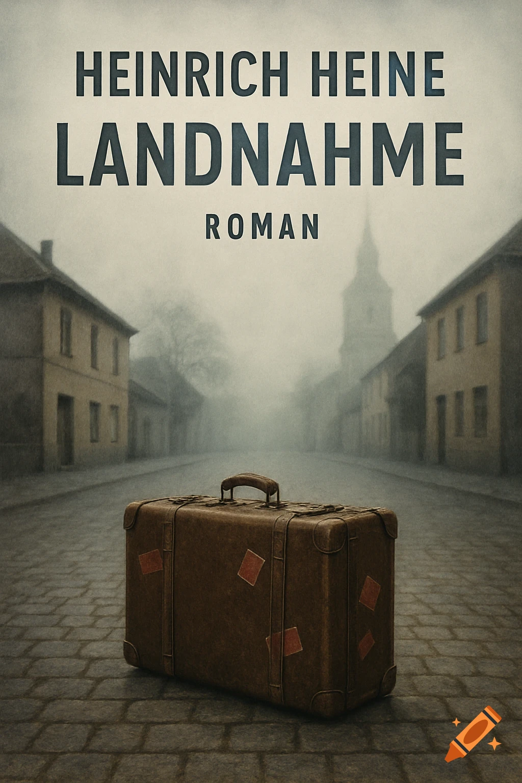 A book cover featuring a brown vintage suitcase on a cobblestone street in a foggy, deserted town. Text reads "HEINRICH HEINE LANDNAHME ROMAN".