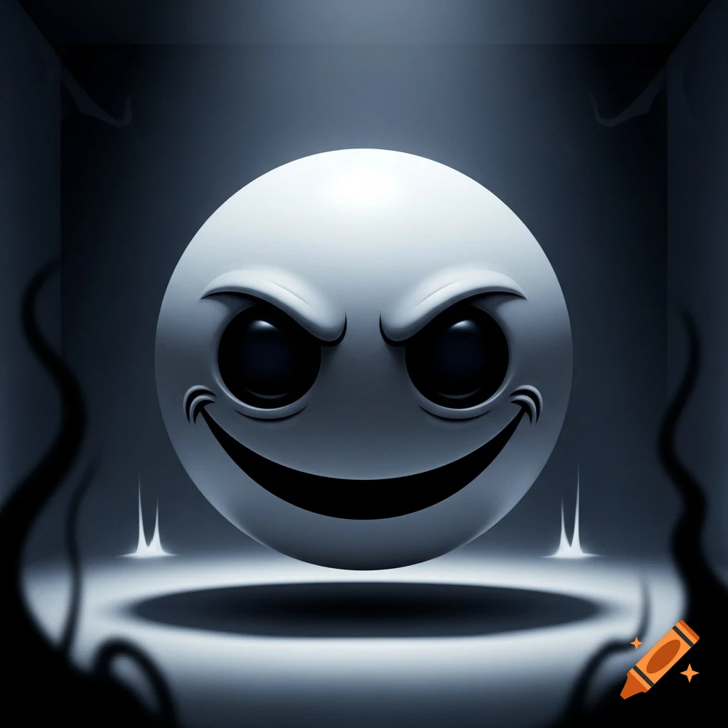 A 3D rendering of a creepy white emoji with evil eyes and a sinister smile floating in a dark, minimalist setting.