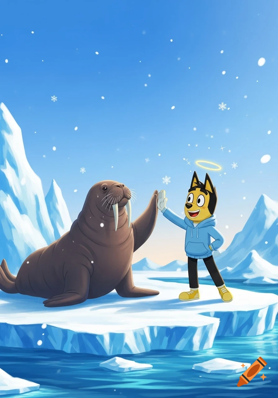 Cartoon character Oney high-fives a walrus on an iceberg in a snowy arctic illustration.