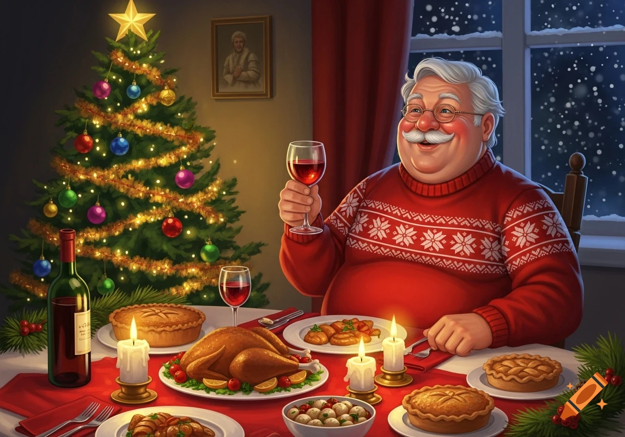 A jolly Santa-like man in a red sweater toasts with wine at a festive Christmas dinner table laden with turkey and pies, with a decorated tree and snowy window in the background.