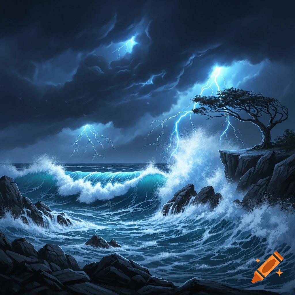 A dramatic digital painting of a stormy ocean with crashing waves and bright lightning strikes near a gnarled tree on a cliff.