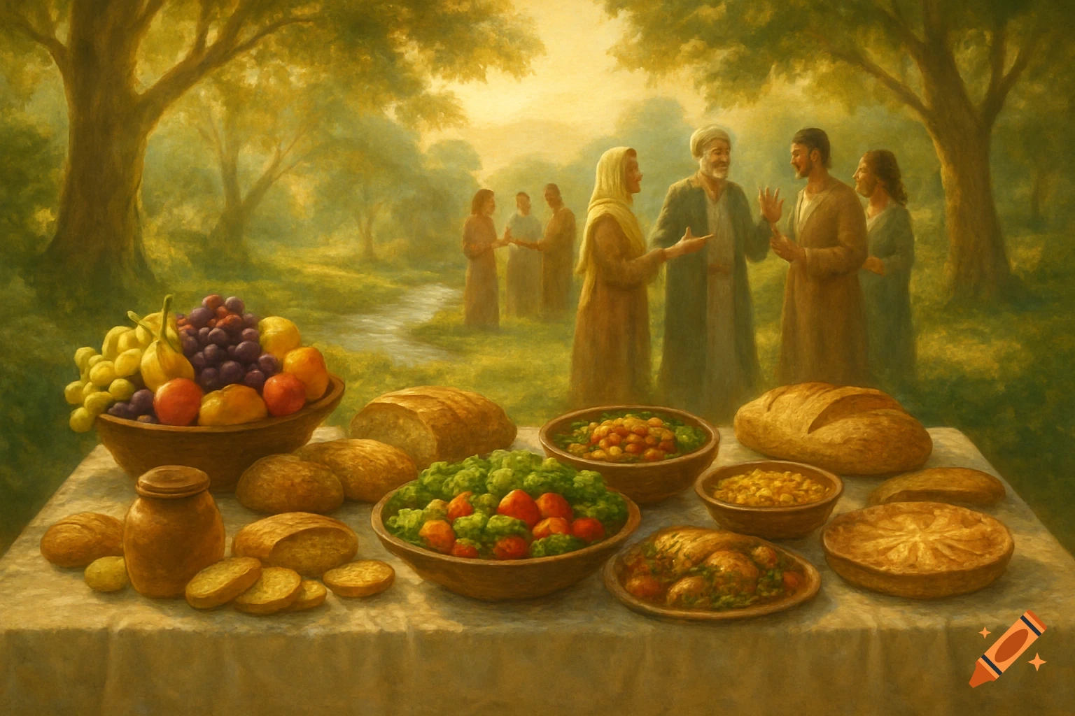A painting depicts a group of robed figures gathered in a sunlit forest clearing, conversing near a table laden with bread, fruit, and various dishes, beside a small stream.
