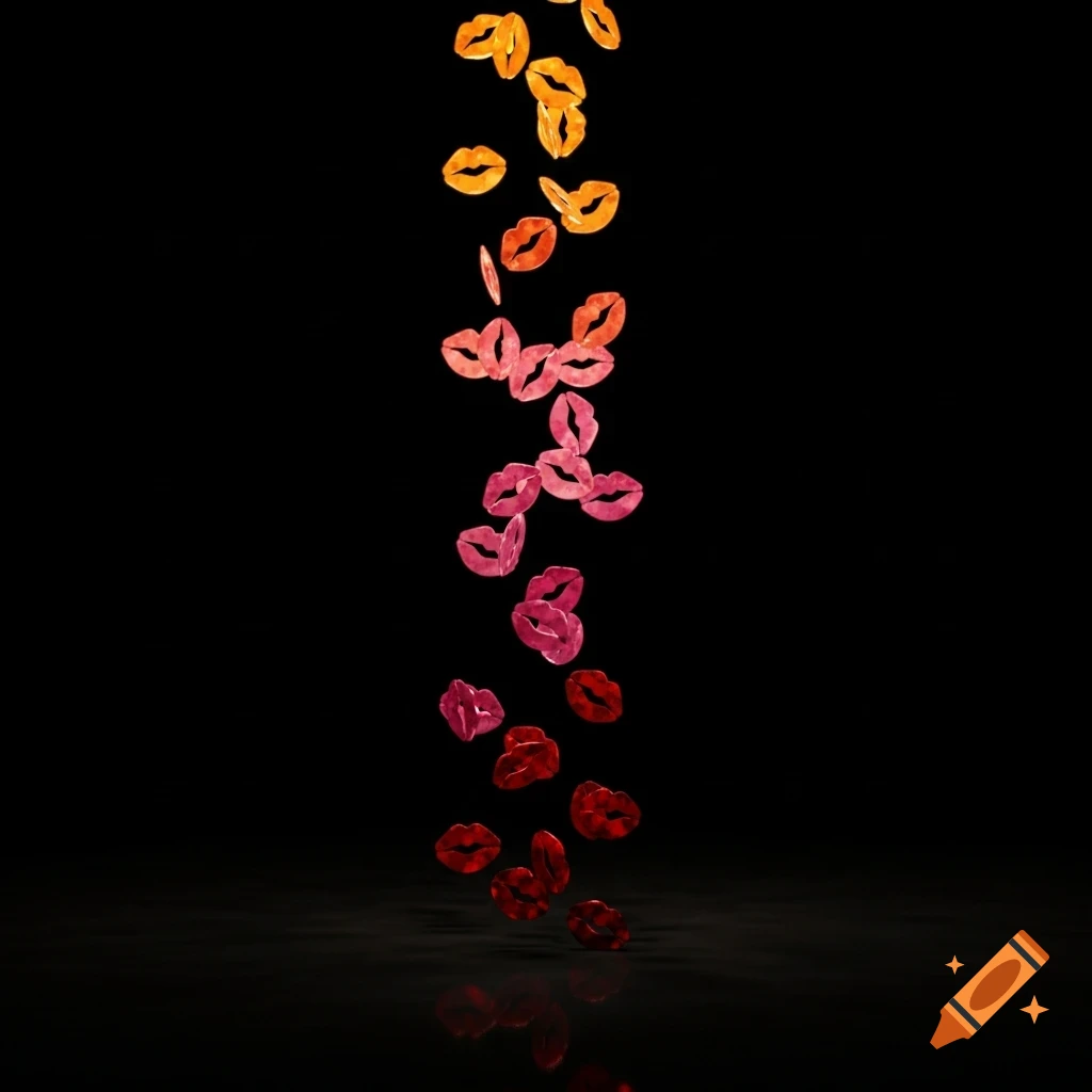 Orange, pink, and red stylized lips falling with reflections on a black background.