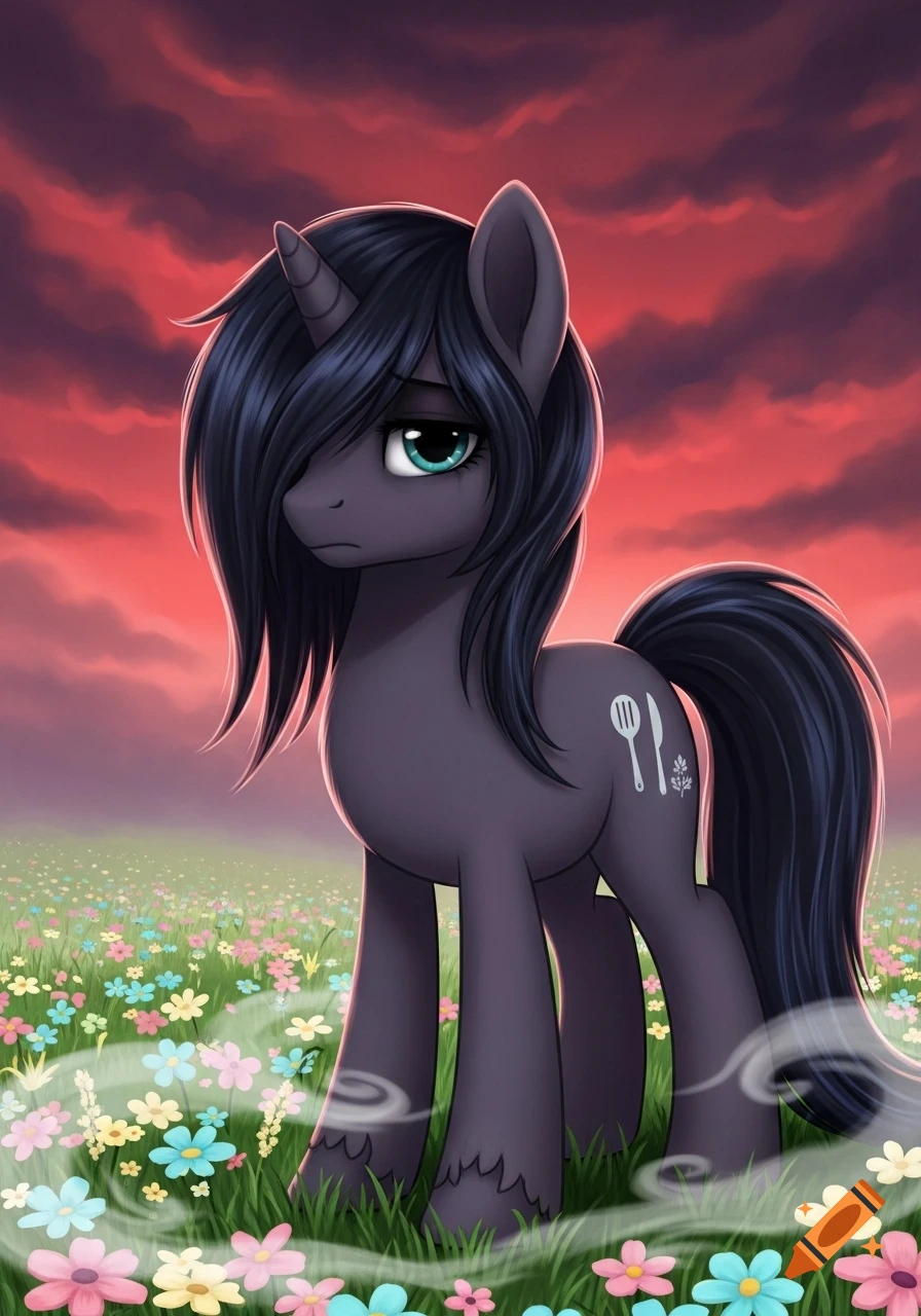 A dark grey unicorn pony with long black emo-style hair stands in a field of colorful flowers under a dramatic red and purple sky. Its cutie mark is a cooking spoon and knife.