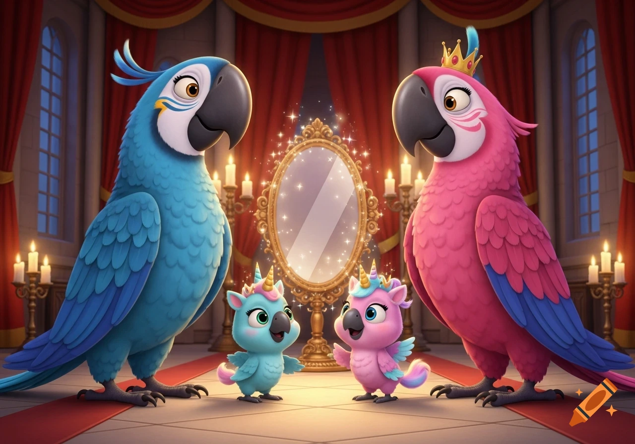 Two large, colorful macaw parrots, blue and pink, stand opposite each other in a grand castle hall. Two tiny unicorn-like baby macaws, one blue and one pink, are between them, in front of a magical, sparkling golden mirror. The pink adult wears a small crown.