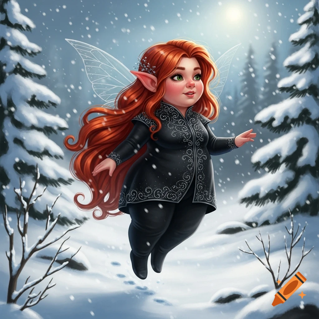 A stylized chubby red-haired fairy with green eyes and delicate wings floats in a snowy winter wonderland, wearing a black outfit.