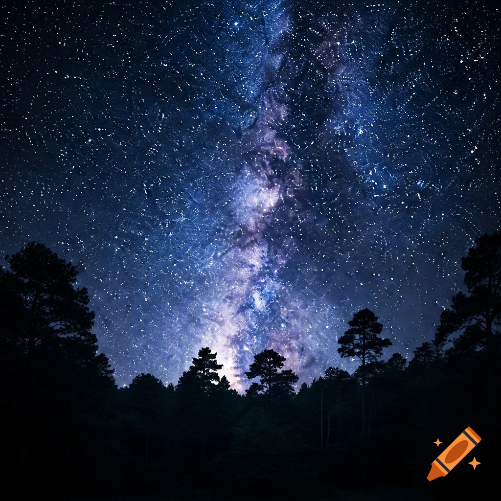 Semi-realistic render of a vibrant starry night sky with the Milky Way galaxy above a dark forest silhouette.