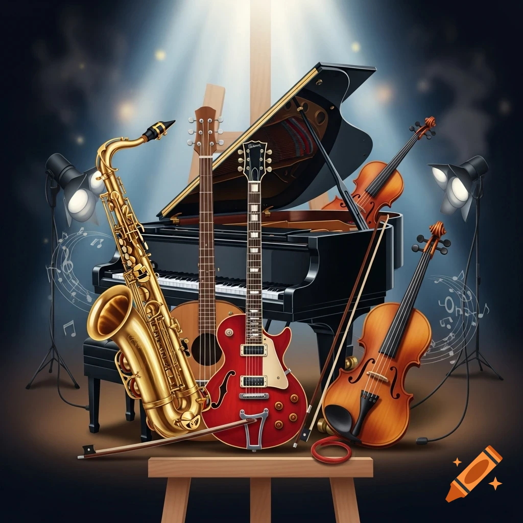 A vibrant digital illustration of various musical instruments including a saxophone, piano, electric guitar, acoustic guitar, and violins, all bathed in spotlight with musical notes floating around.