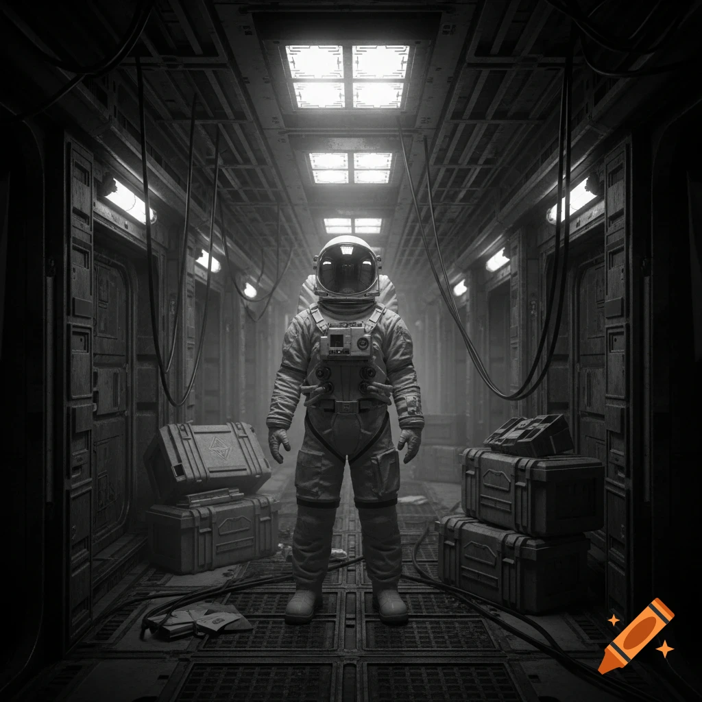 Lone astronaut in a dimly lit, gritty monochrome space station corridor with crates and wires.