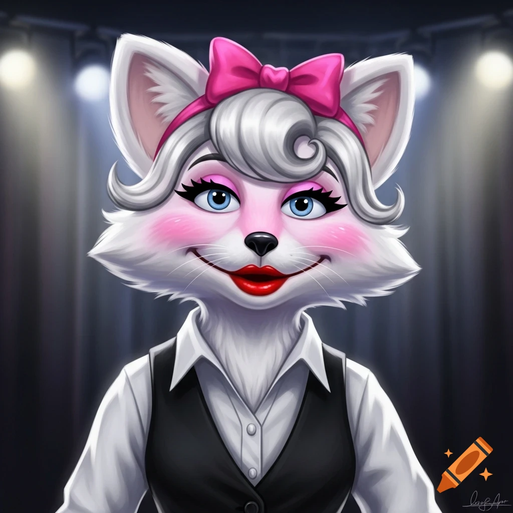 A stylized white fox character with a pink snout, red lipstick, pink blush, and blue eyes, wearing a white shirt and black vest, with a pink bow in its hair.