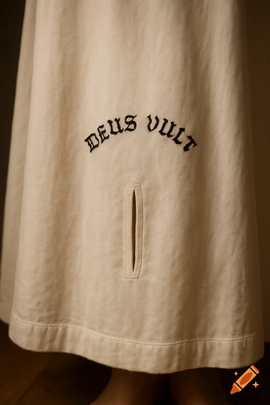 Close-up of a cream-colored nightgown with black embroidered text 'DEUS VULT' above a vertical slit.