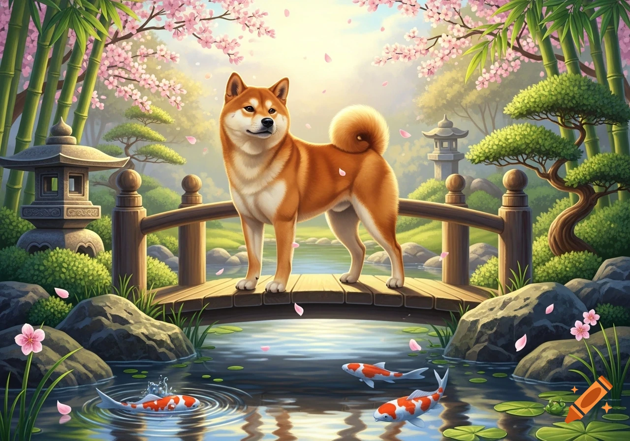 A Shiba Inu stands on a wooden bridge over a pond with koi fish, surrounded by bamboo and cherry blossoms in a vibrant Japanese garden.