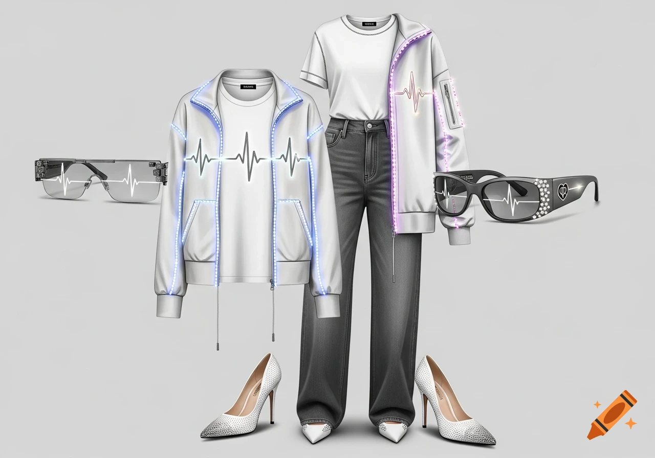 Flat lay of futuristic fashion items: two white jackets with blue/purple LEDs and heartbeat graphics, white t-shirt, dark grey jeans, rhinestone high heels, and two pairs of sunglasses with heartbeat graphics.