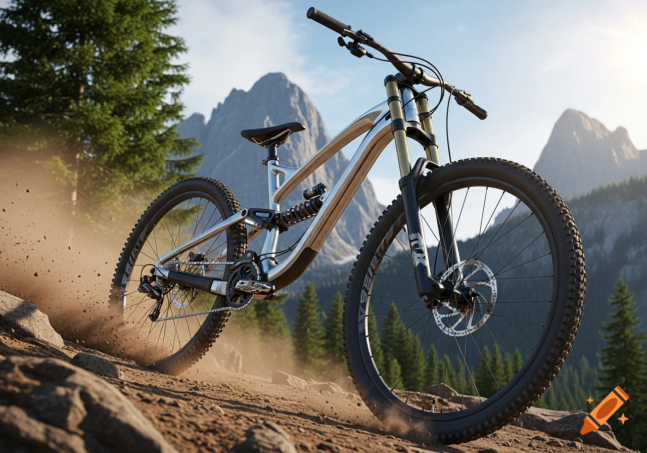A close-up, low-angle shot of a high-end silver and wood mountain bike on a dirt trail, kicking up dust, with mountains and trees in the background under a bright sky.