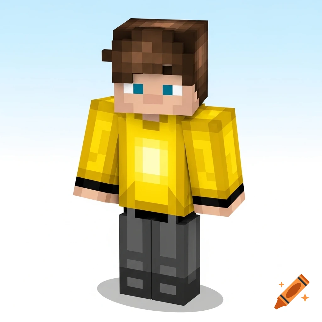 A Minecraft boy character with brown hair, a yellow shirt, and dark grey pants, standing against a light blue and white background.