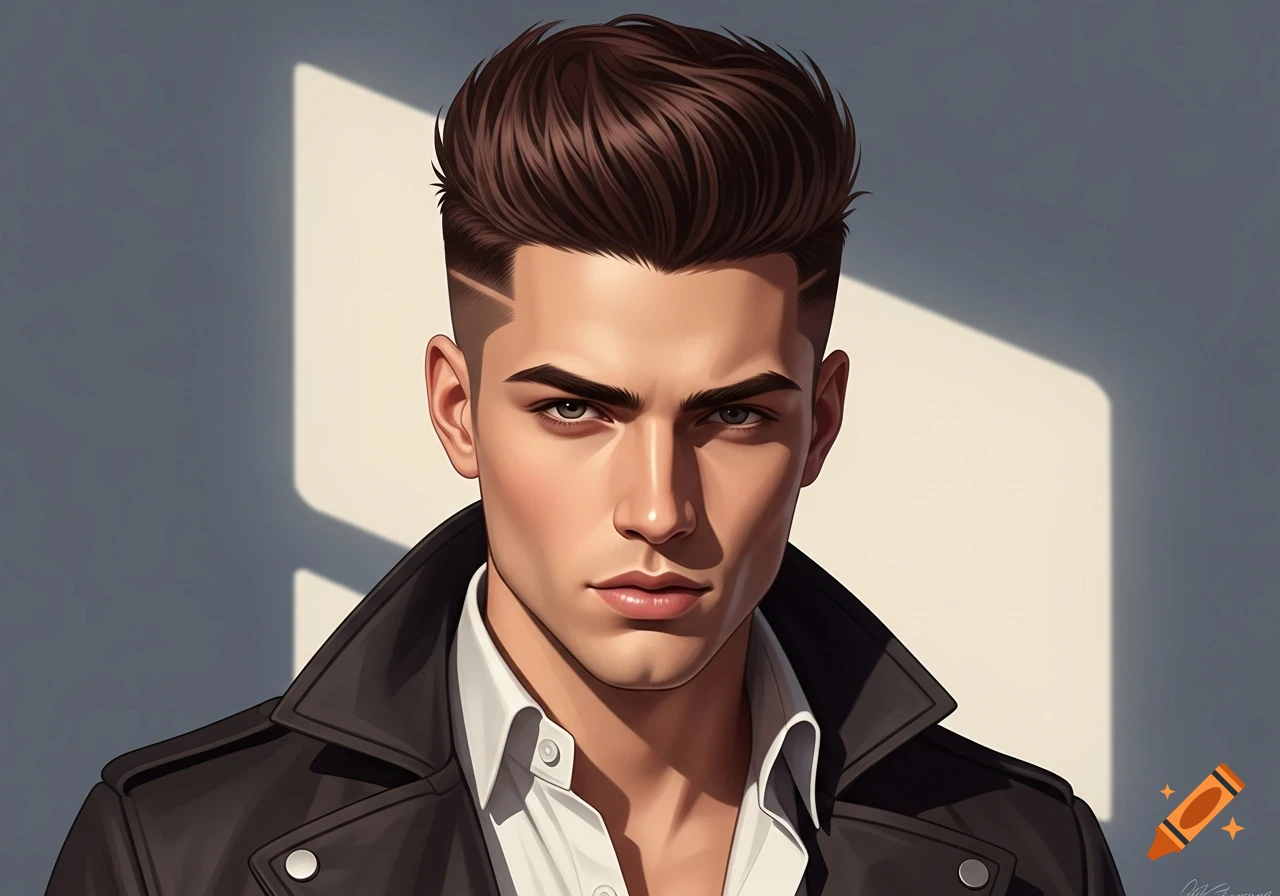 Stylized portrait of a young man with dark, slicked-back hair and a fade haircut, wearing a white shirt and a black leather jacket.