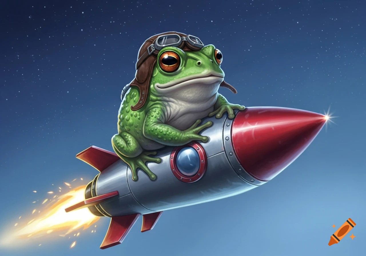 A green frog wearing a pilot's helmet and goggles rides a red and silver rocket through a starry night sky, cartoon style.