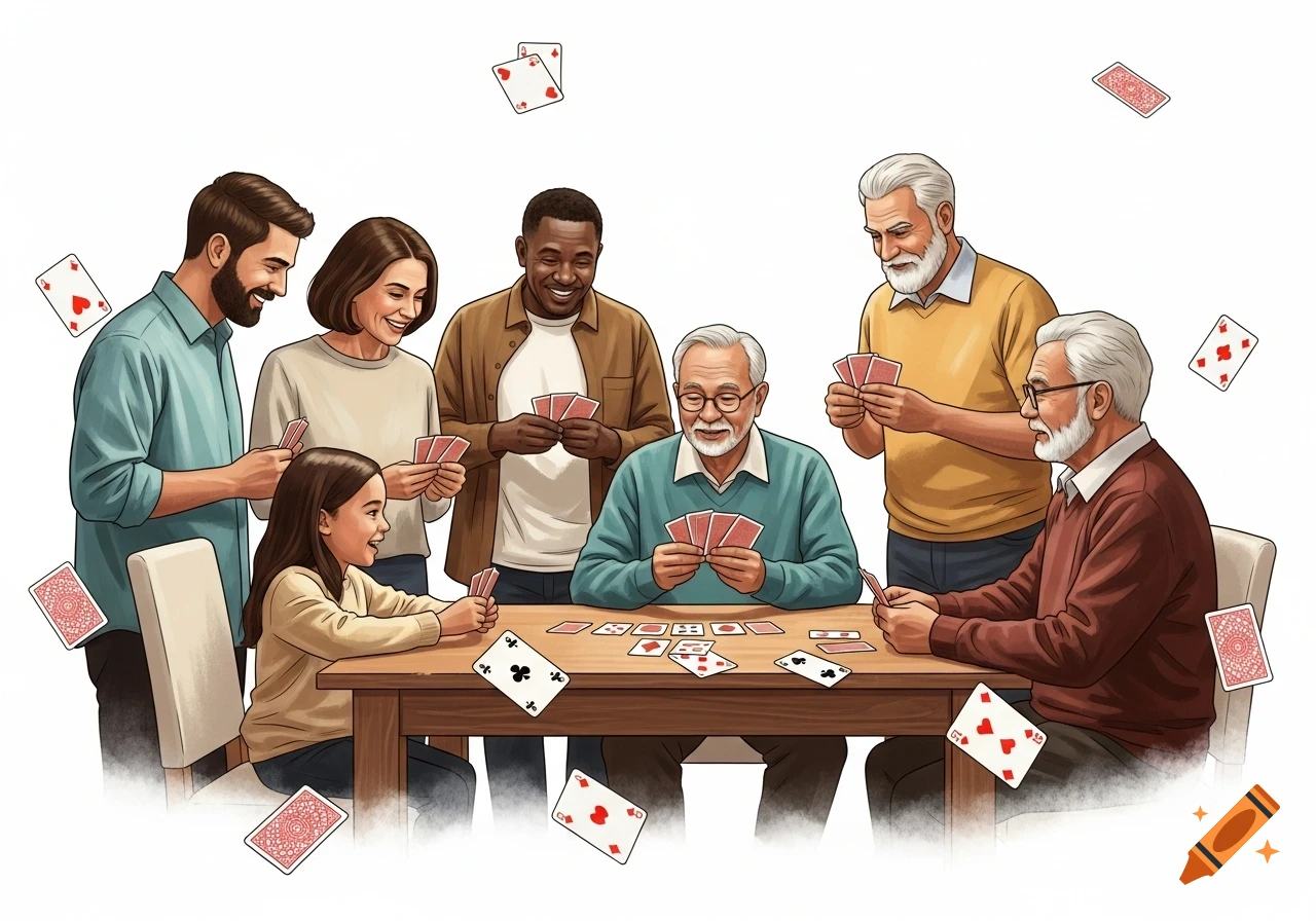 An illustration of a diverse family of adults and a young girl playing cards around a wooden table, with cards floating around them.