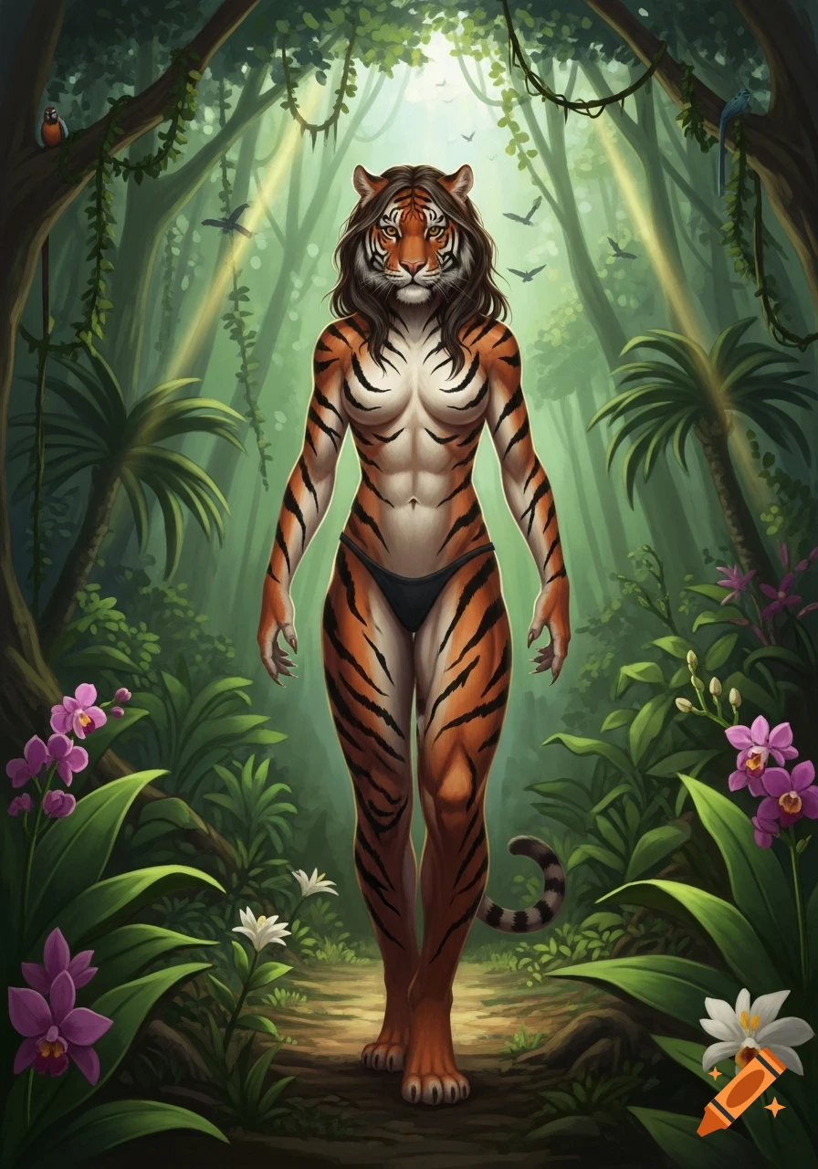 A human-tiger hybrid female with stripes stands in a lush jungle wearing black bikini bottoms, in an illustrative style.