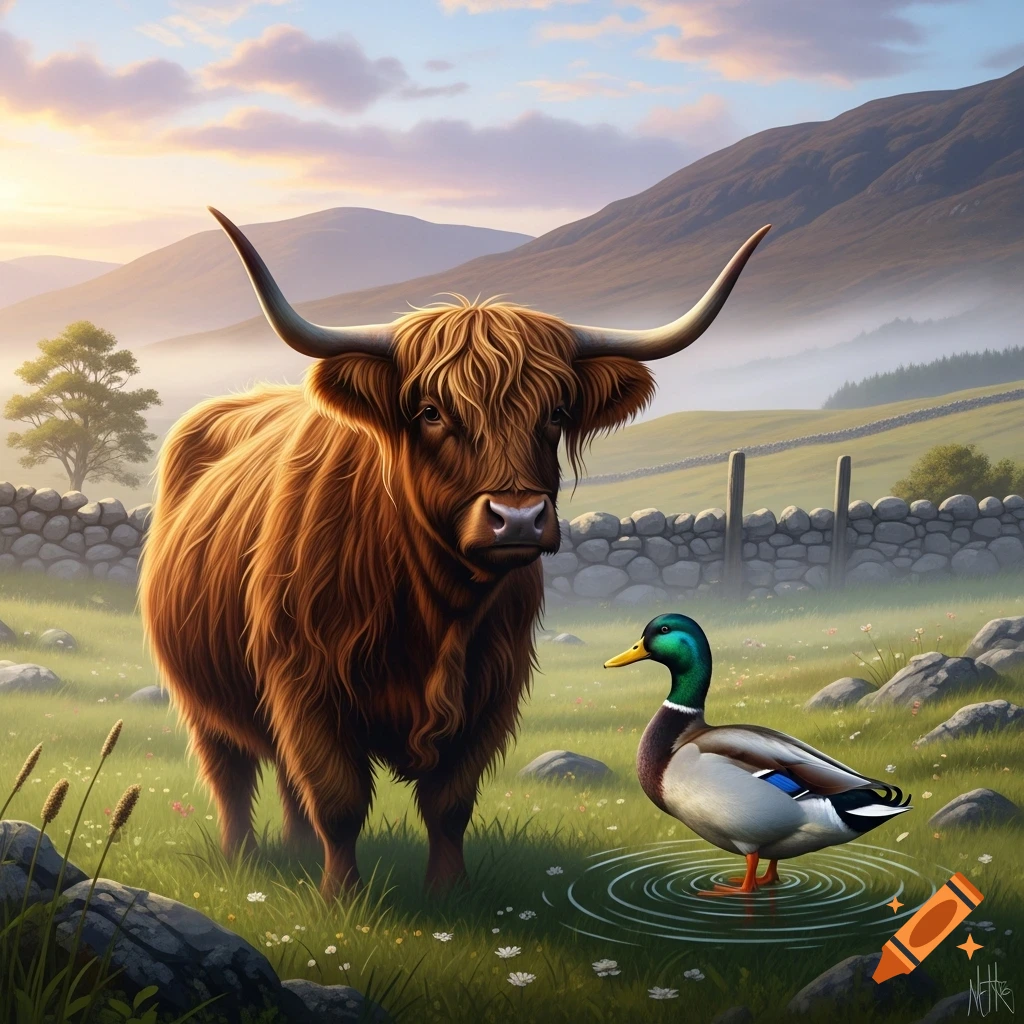 A shaggy brown Highland cow stands beside a mallard duck in a puddle in a lush green field with mountains and a sunset sky.