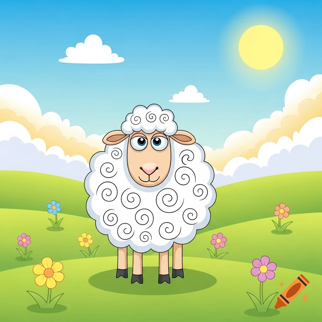 A cartoon cross-eyed sheep stands in a green field with colorful flowers under a blue sky with clouds and a bright sun.