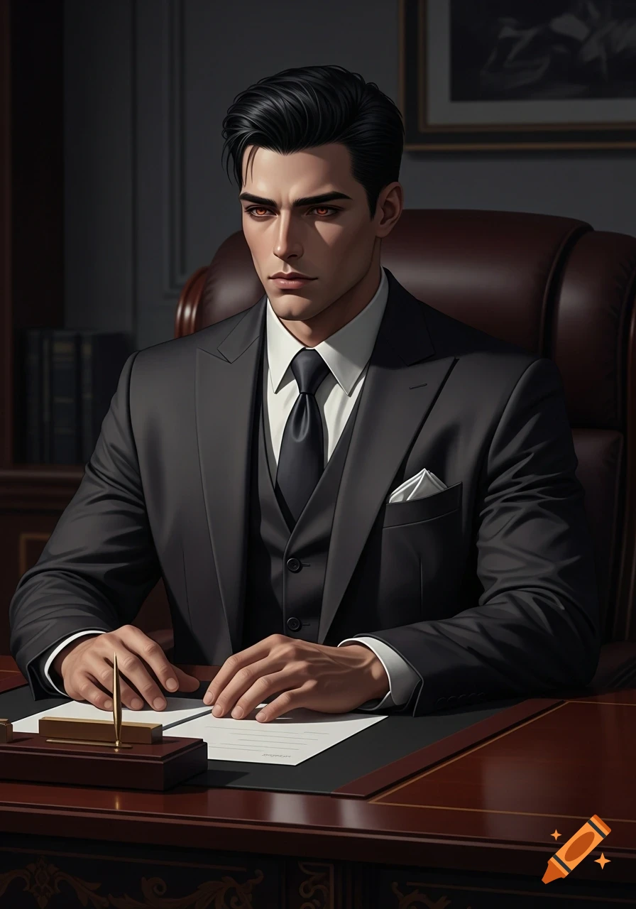 Handsome man with dark hair and reddish eyes in a dark three-piece suit, sitting at a wooden desk in a dimly lit office, photorealistic style.