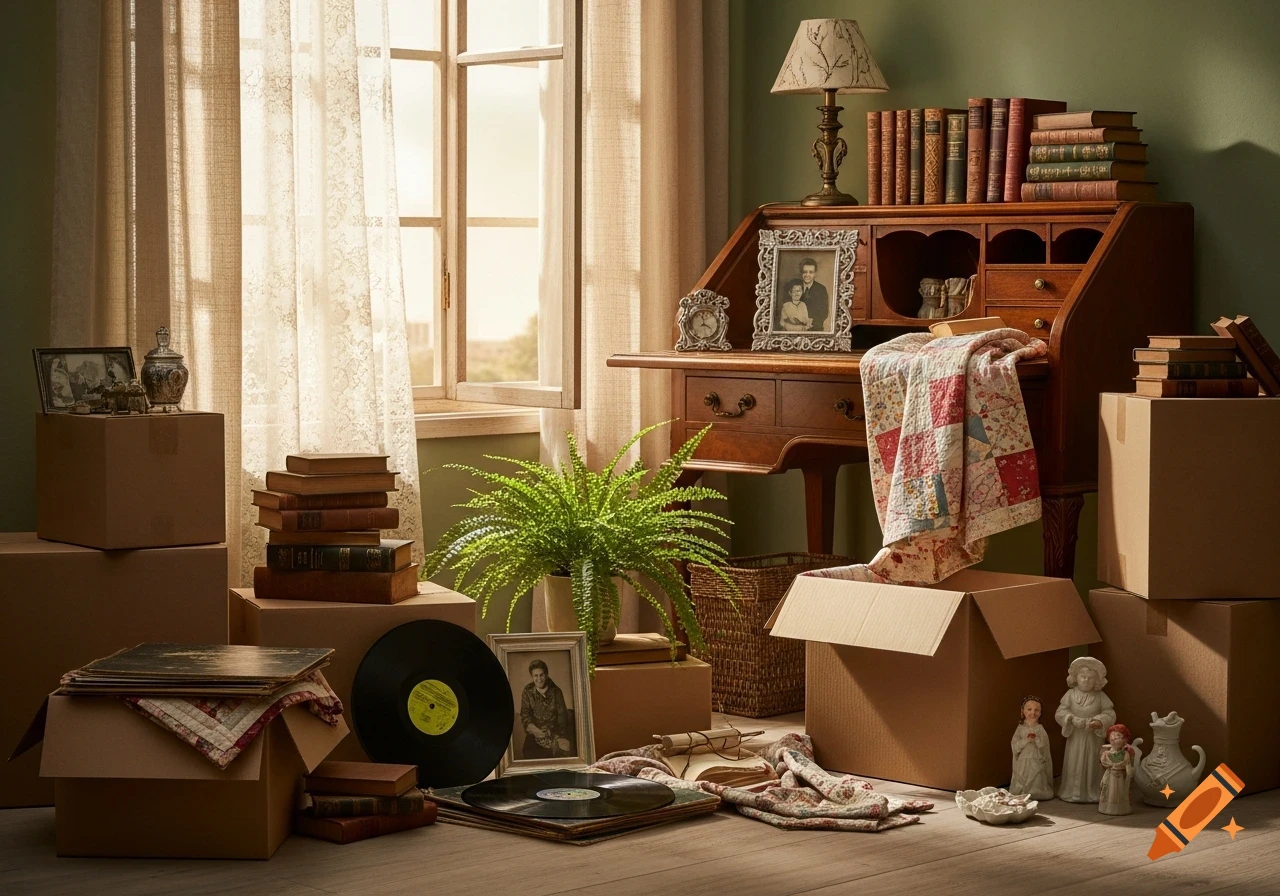 A sunlit room filled with moving boxes, a wooden desk with books, a lamp, framed photos, a fern, and various vintage household items.
