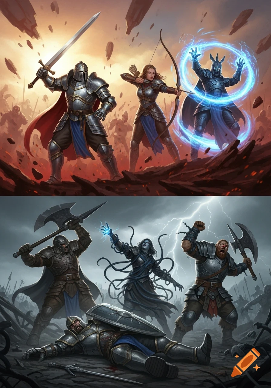 A split image showing two fantasy battle scenes. The top depicts three heroes, a knight, an archer, and a magic-user, victorious in a fiery landscape. The bottom shows two armored figures standing over a defeated knight in a stormy battleground.