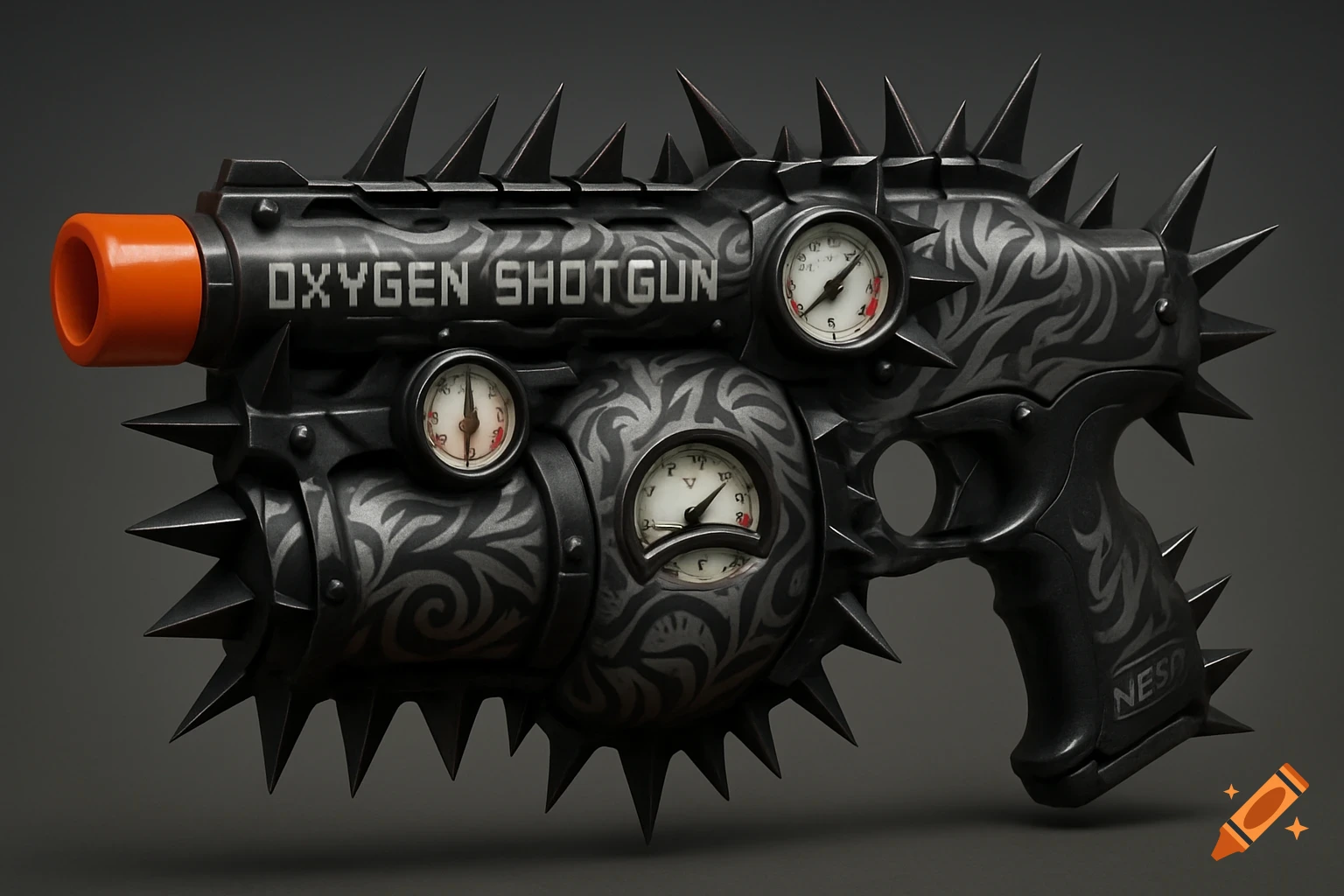 A stylized, spike-covered Nerf gun with an orange tip, gray swirl patterns, and pressure gauges. Text on the barrel reads 'OXYGEN SHOTGUN'.