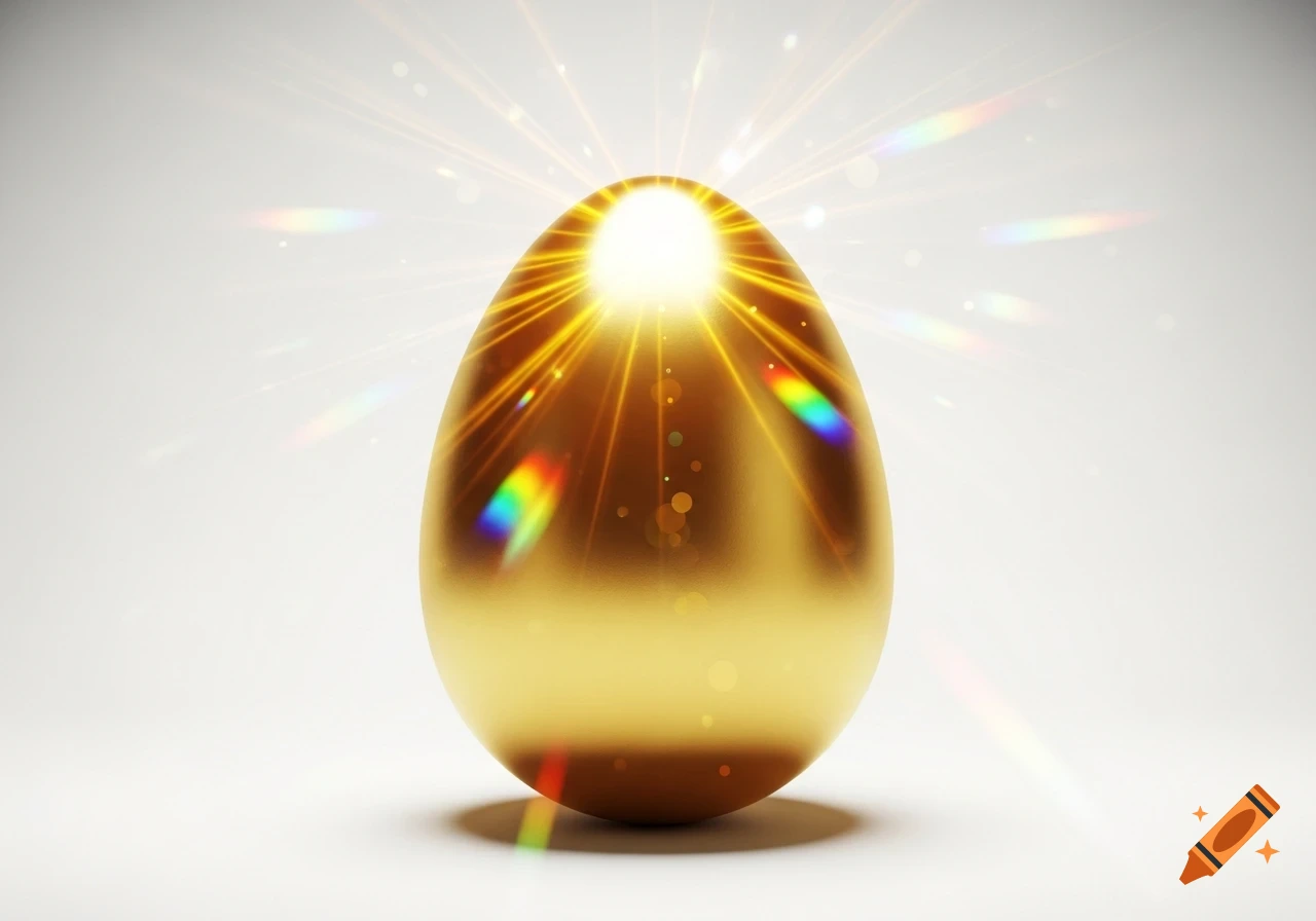 A glowing golden egg stands on a white background, emitting bright light rays with rainbow lens flares.