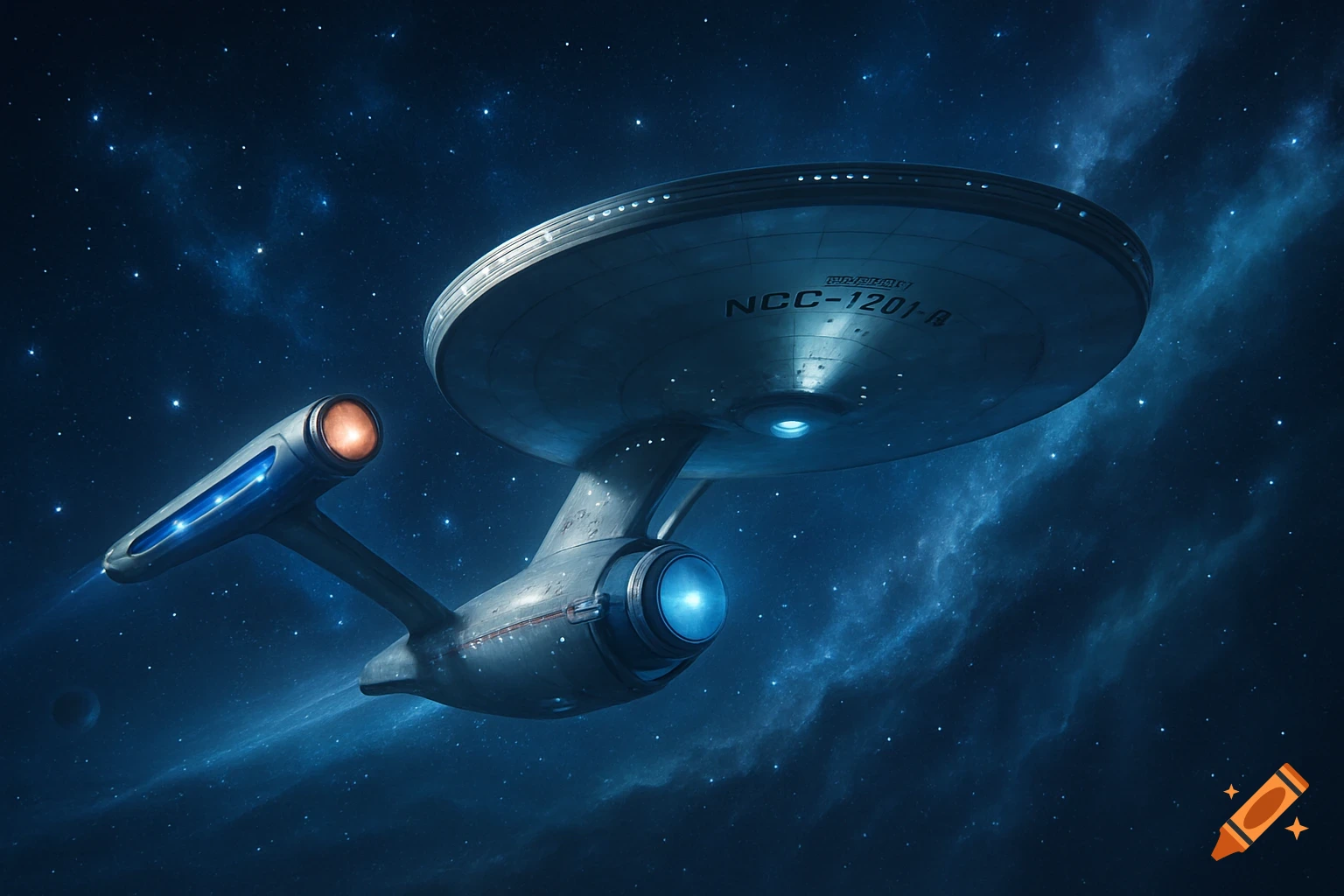 A photorealistic Starship Enterprise-like vessel, NCC-1201-B, flying through a deep blue starfield with nebulae.