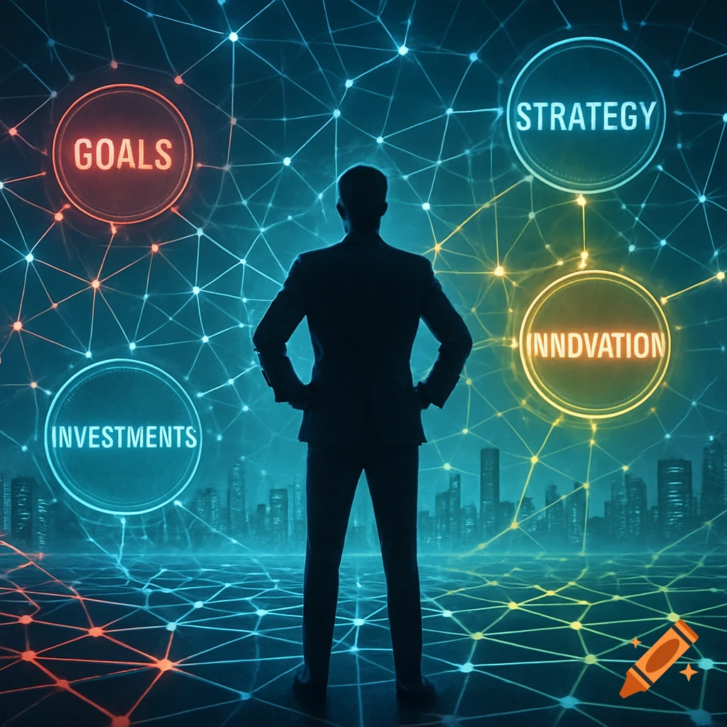 Silhouette of a person viewing a digital network with glowing circles for GOALS, STRATEGY, INVESTMENTS, and INNDVATION, over a city.