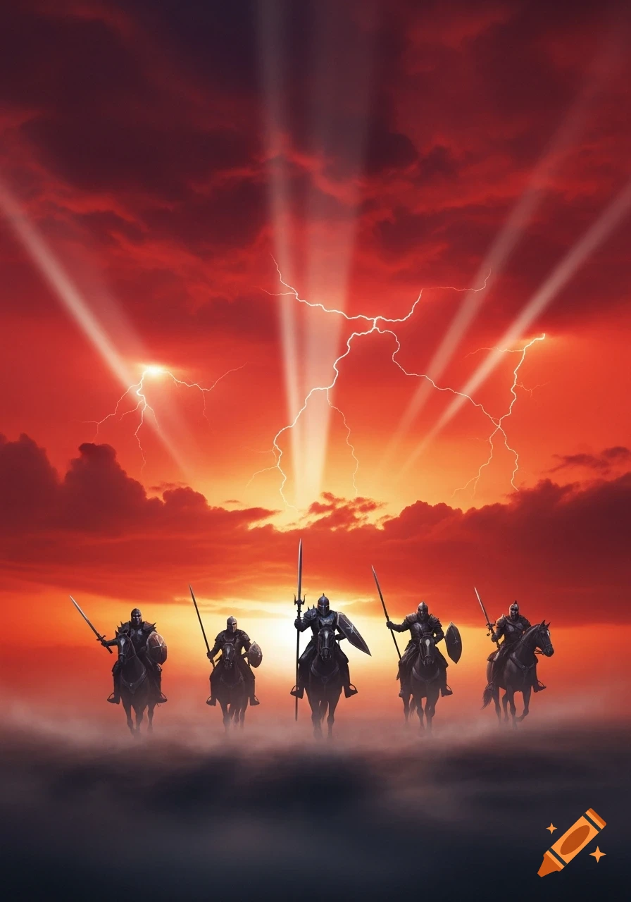 Five armored knights on horseback emerge from mist against a dramatic red sky with lightning and radiant light beams.