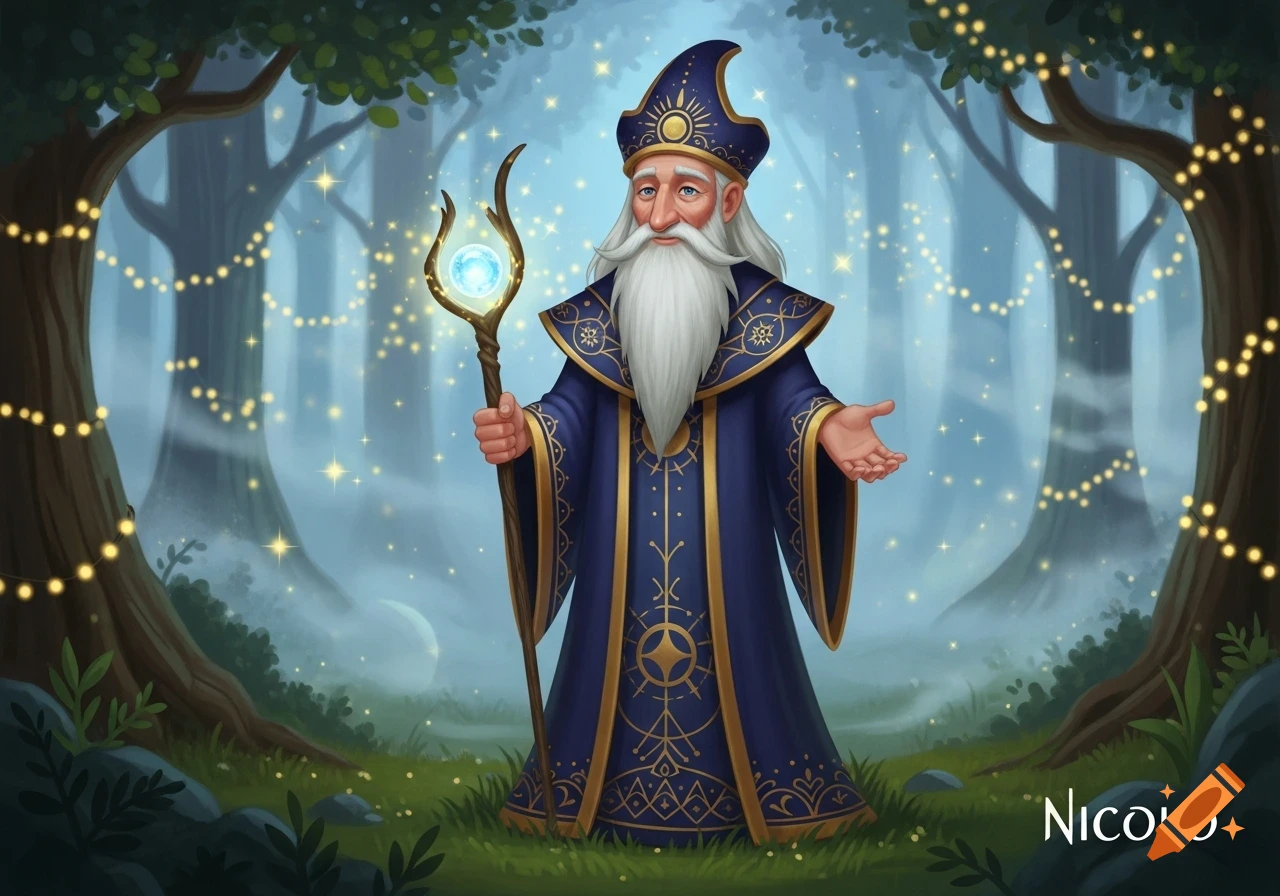 An illustrative cartoon of an old wizard in a blue and gold robe, holding a glowing staff in a mystical forest.