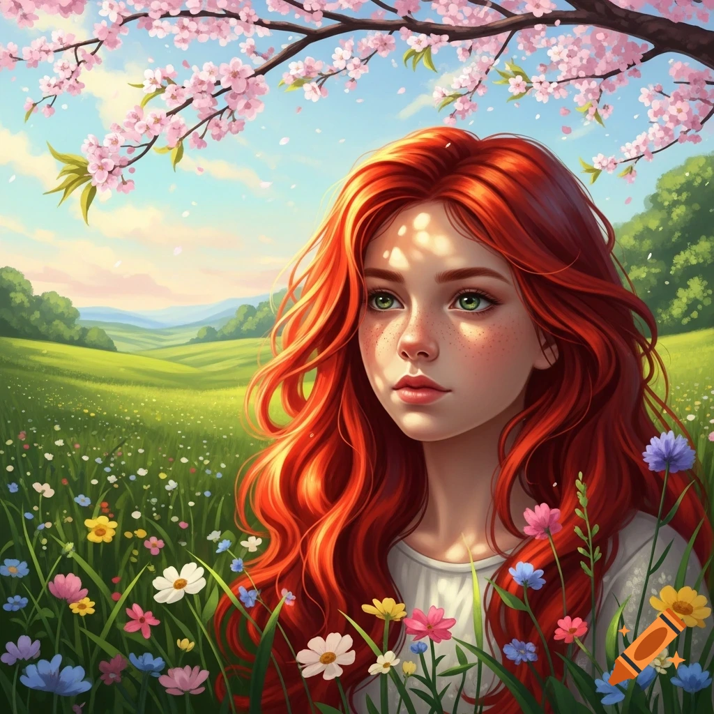 A vibrant digital painting of a young woman with long red hair, green ...