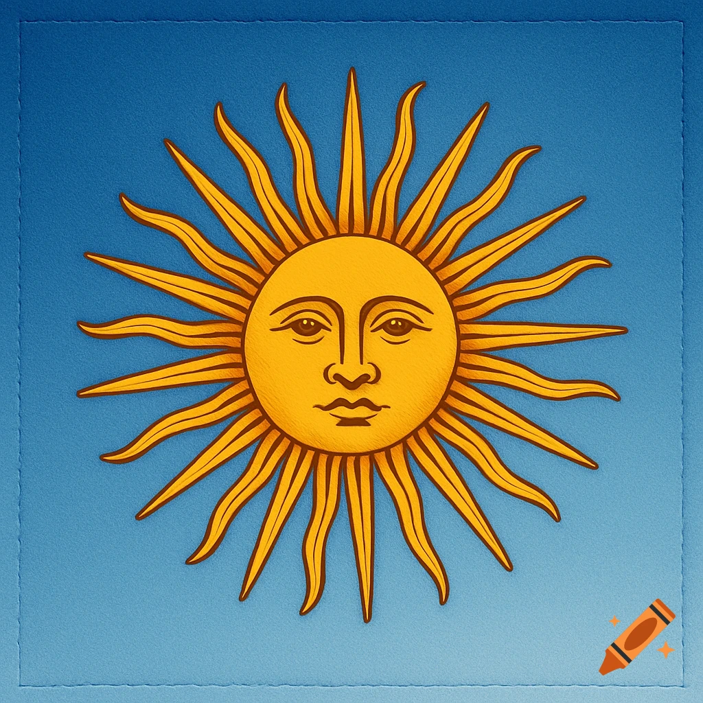Stylized golden Sol de Mayo sun with a face and rays, centered on a textured blue background, graphic design.