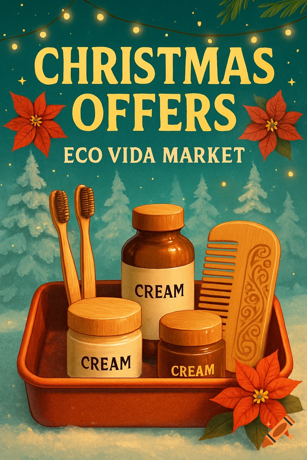 A Christmas advertisement for Eco Vida Market, showing eco-friendly creams, wooden toothbrushes, and a comb against a snowy backdrop.