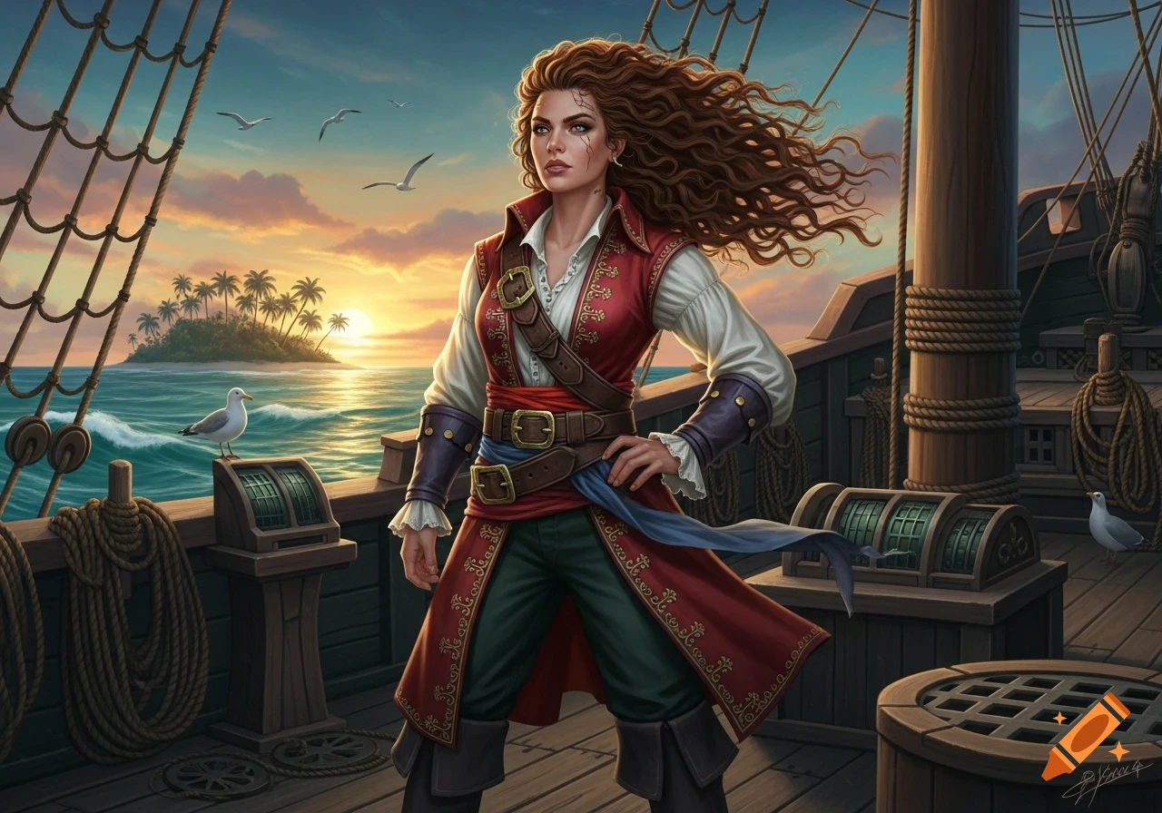A female pirate with long curly hair stands on a ship's deck at sunset, a tropical island in the background, in an illustrative style.