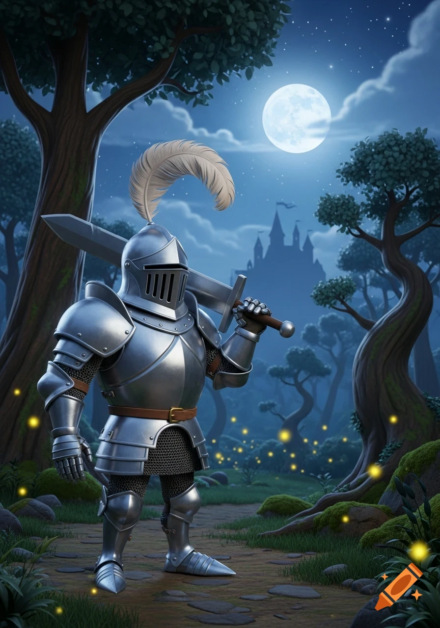 A cartoonish knight in shining armor with a sword over his shoulder, stands in a magical forest under a full moon with a distant castle.