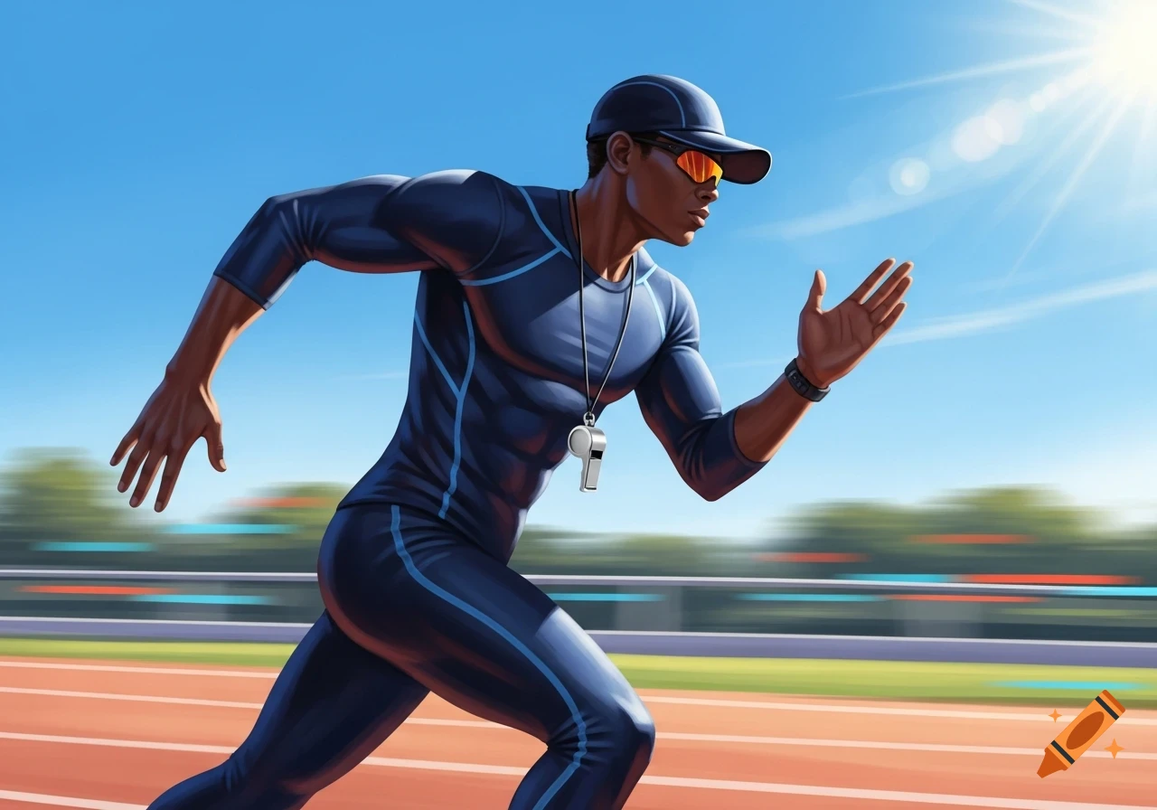 An illustration of a male athlete in a dark blue tracksuit, cap, and sunglasses, running on a track under a sunny sky.