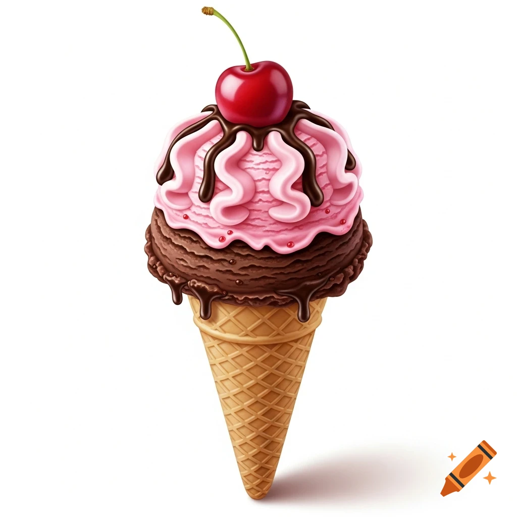 A delicious looking ice cream cone with chocolate and strawberry scoops, drizzled with chocolate syrup and topped with a red cherry on a white background.