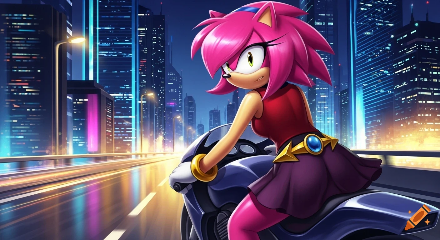 Sonia the hedgehog, a pink hedgehog, rides a motorbike on a highway in a neon futuristic city at night, anime style.
