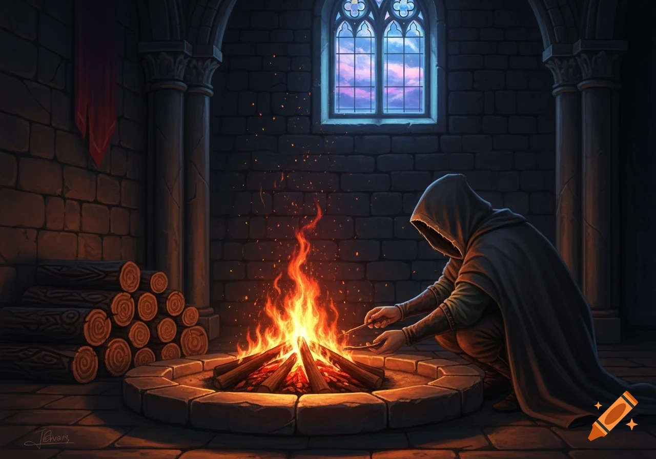 A hooded figure crouches by a crackling campfire in a dark stone room with a gothic window and stacked logs.