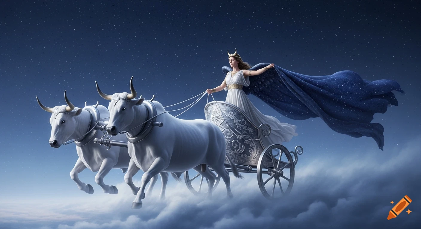 Goddess Selene, crowned with a crescent moon, rides a silver chariot pulled by white oxen through a starry night sky and clouds.