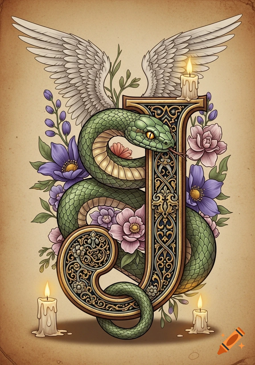 An ornate initial letter J intertwined with a green snake, surrounded by purple and pink flowers, white wings, and candles, in a medieval illustration style.