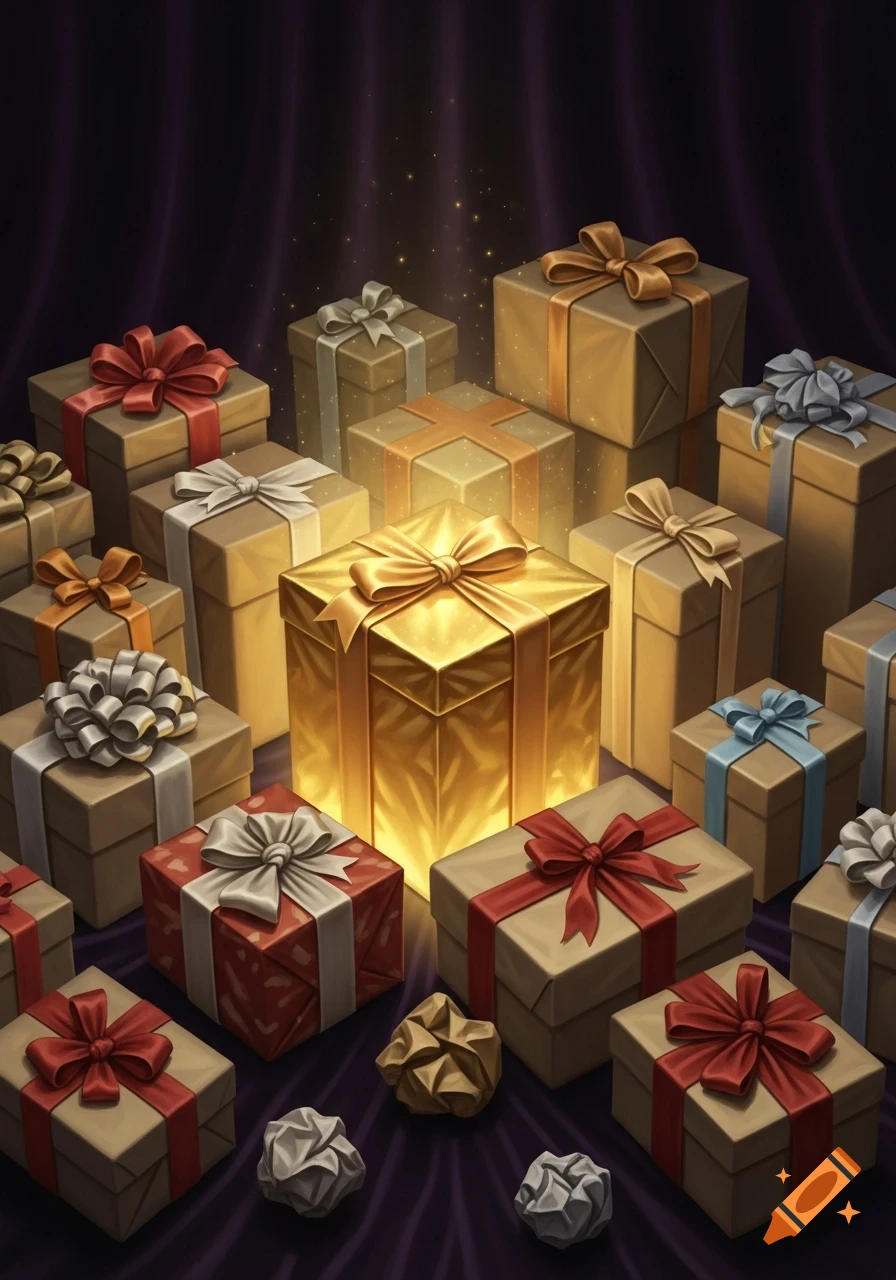 A large pile of wrapped gifts on a dark background, with a glowing gold present in the center. Other gifts have red, silver, and blue bows.