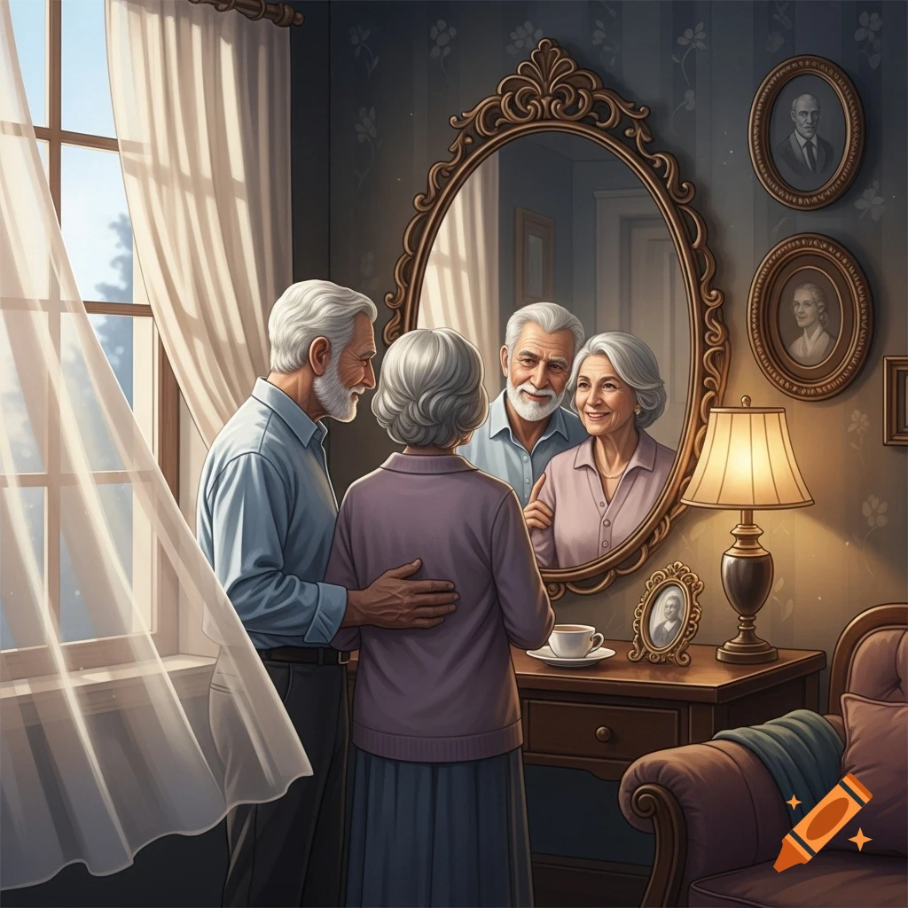 An older couple embracing in a cozy home, looking into an ornate mirror, with a sunlit window and curtains.