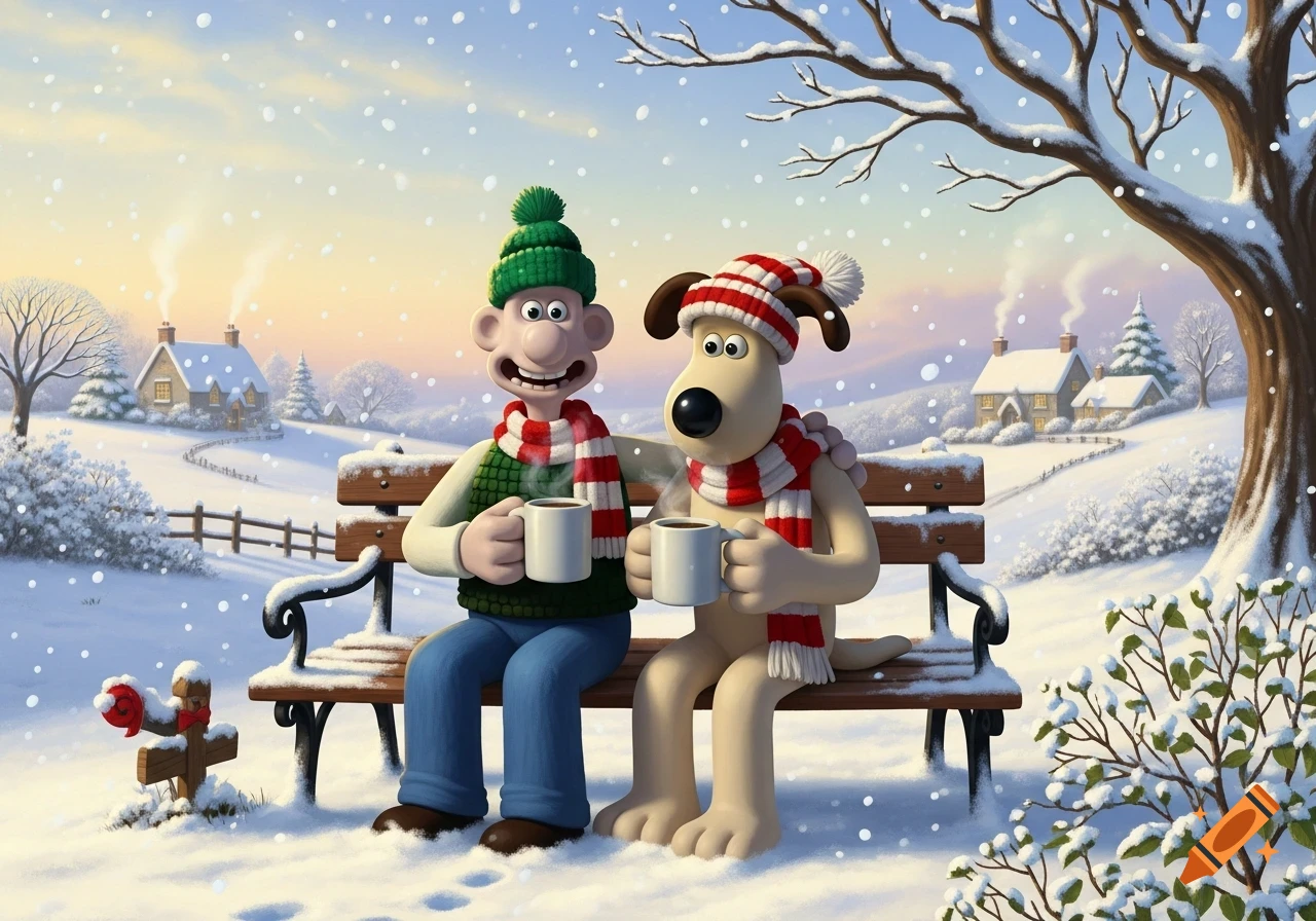 Wallace and Gromit sit on a snow-covered park bench, drinking from mugs as snow falls around them in a charming winter scene.