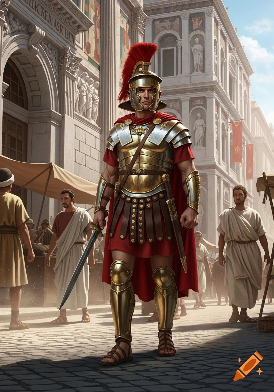 A Roman soldier in ornate golden and silver armor with a red cape stands on a cobbled street in an ancient city.
